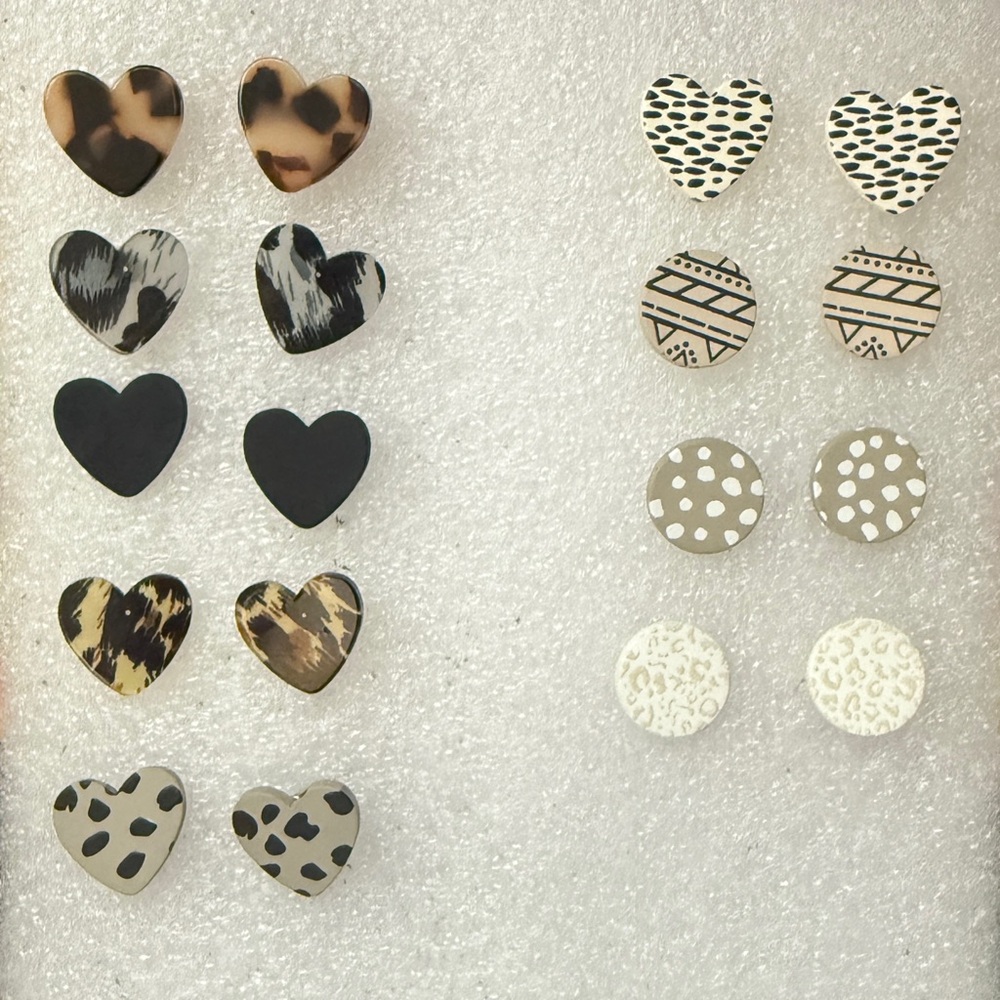 Heart & Round Mixed Pattern Stud Earring Set - Black, Tan, Cream